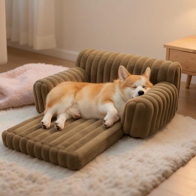 LFC PETS LFC PETS Plush Foldable Couch Dog & Cat Bed with Removable Cover, Khaki, Medium