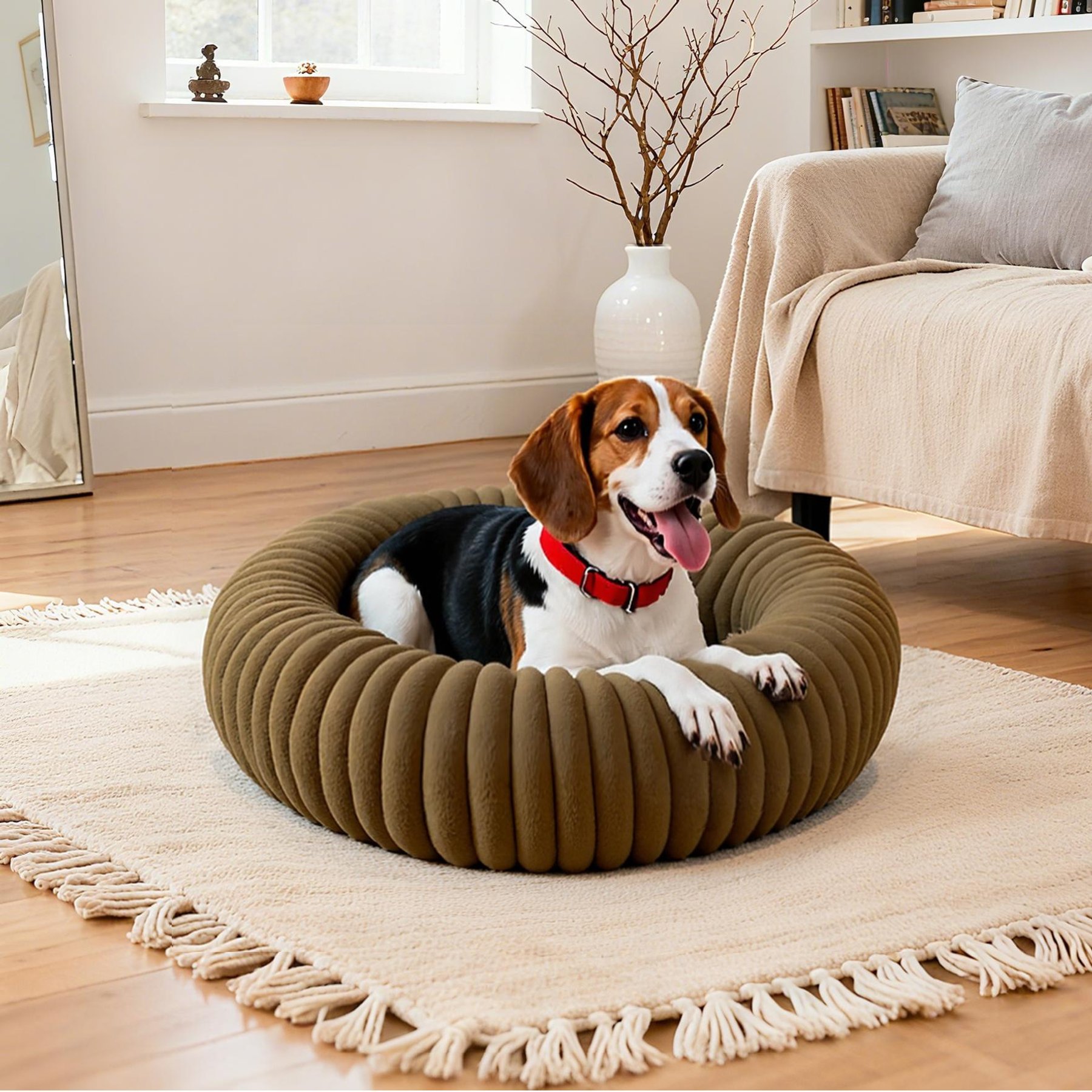 LFC PETS Donut Bolster Dog & Cat Bed with Removable Cover, Khaki, Medium