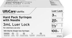 UltiCare VetRx Syringes, 3 mL x 20G x 1-1/2mm (1-1/2"), Luer Lock, Hard Pack Syringe/Needle Combo, 100 Syringes