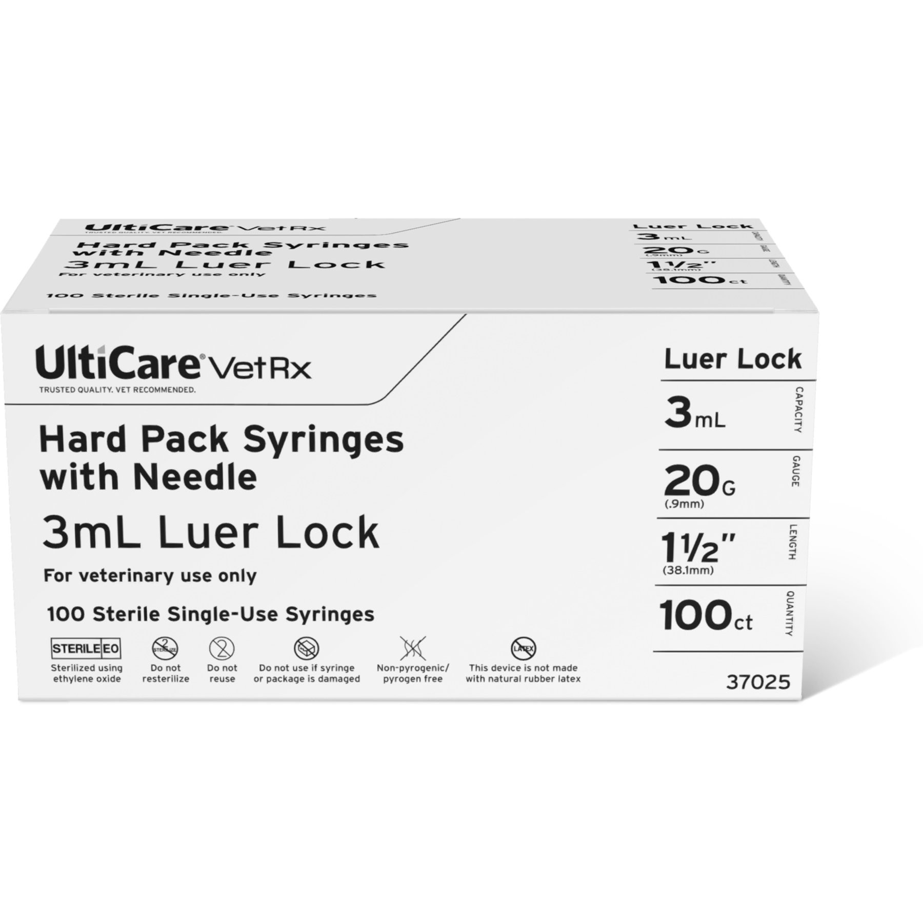 UltiCare VetRx Syringes, 3 mL x 20G x 1-1/2mm (1-1/2"), Luer Lock, Hard Pack Syringe/Needle Combo, 100 Syringes