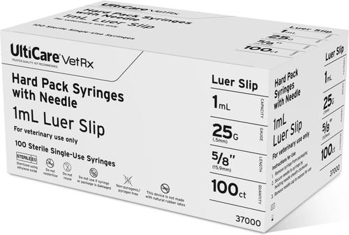 Show full view: UltiCare VetRx Syringes, 1 mL x 25G x 15.9mm(5/8"), Luer Slip, Hard Pack Syringe/Needle Combo, 100 Syringes slide 2 of 6