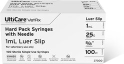 UltiCare VetRx Syringes, 1 mL x 25G x 15.9mm(5/8"), Luer Slip, Hard Pack Syringe/Needle Combo, 100 Syringes slide 1 of 6
