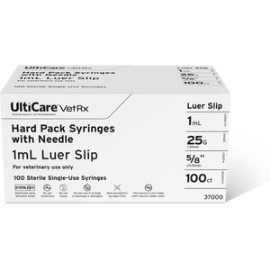 UltiCare VetRx Syringes, 1 mL x 25G x 15.9mm(5/8"), Luer Slip, Hard Pack Syringe/Needle Combo, 100 Syringes