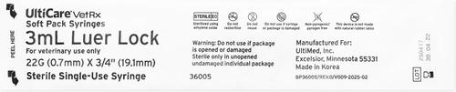 Show full view: UltiCare VetRx Syringes, 3 mL x 22G x 19.5mm (3/4"), Luer Lock, Soft Pack Syringe/Needle Combo, 100 Syringes slide 3 of 6