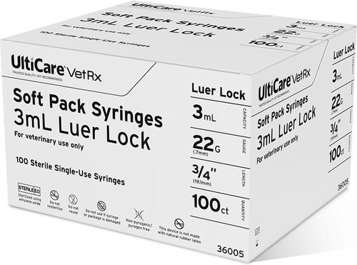 Show full view: UltiCare VetRx Syringes, 3 mL x 22G x 19.5mm (3/4"), Luer Lock, Soft Pack Syringe/Needle Combo, 100 Syringes slide 2 of 6