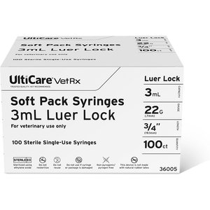 UltiCare VetRx Syringes, 3 mL x 22G x 19.5mm (3/4"), Luer Lock, Soft Pack Syringe/Needle Combo, 100 Syringes