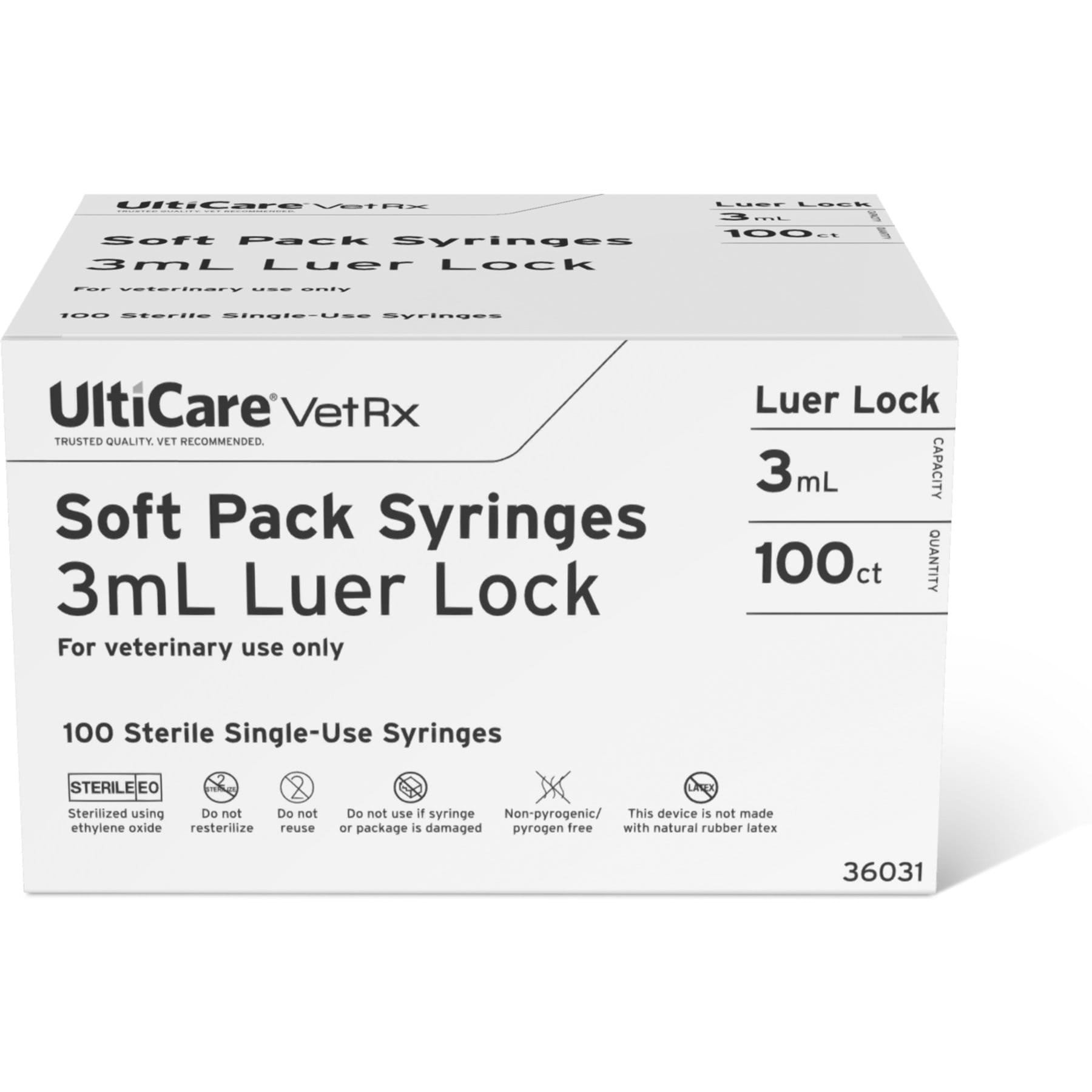 UltiCare VetRx Syringes, 3 mL, Luer Lock, Soft Pack, 100 Syringes