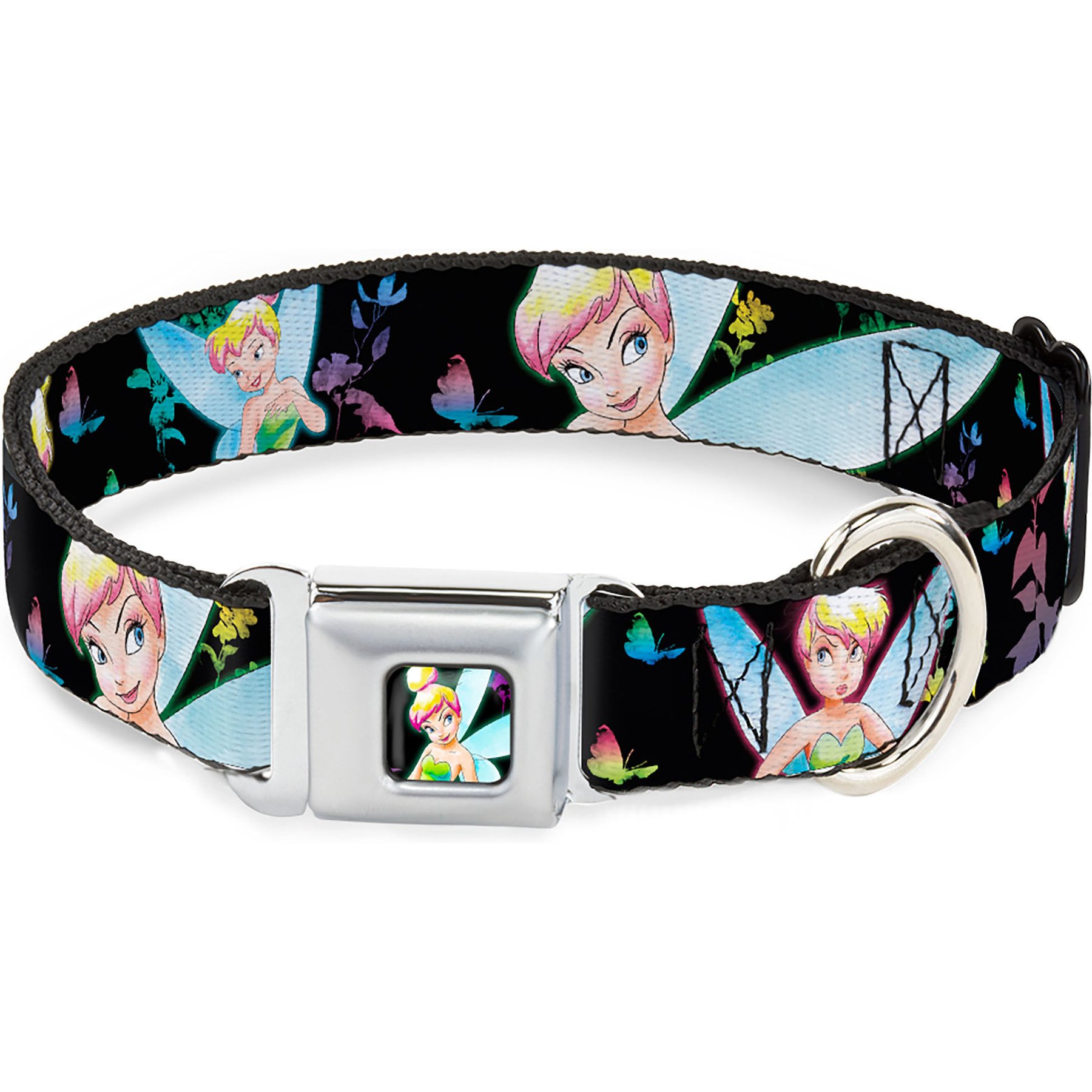 Buckle-Down Disney Glowing Tinker Bell Butterflies Flowers Dog Collar, Large: 15 to 24-in neck, 1-in wide