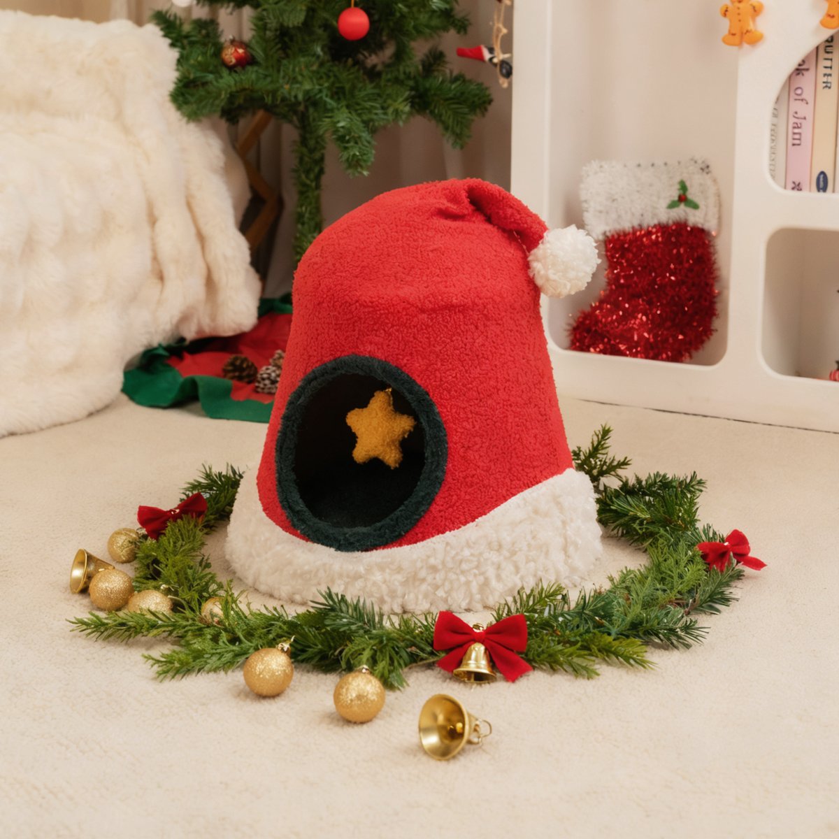 Happy & Polly Christmas Santa Hat Orthopedic Cat Bed with Removable Cover