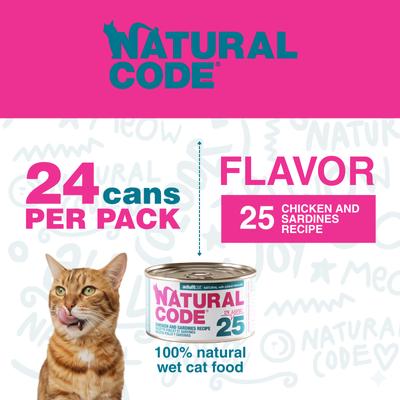 Show full view: Natural Code Chicken & Sardines Wet Cat Food, 3-oz can, case of 24 slide 3 of 10