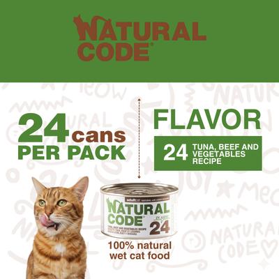 Show full view: Natural Code Tuna, Beef & Vegetables Wet Cat Food, 3-oz can, case of 24 slide 3 of 10