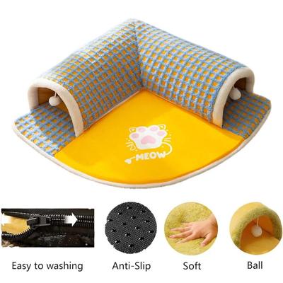 Show full view: NonoPets 3-in-1 Durable Polyester Cooling Bed Cat, Rabbit & Hamster Tunnel & Play Mat with Blanket, Yellow/Blue, Large slide 4 of 6