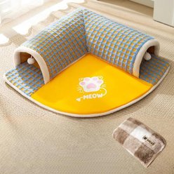 NonoPets 3-in-1 Durable Polyester Cooling Bed Cat, Rabbit & Hamster Tunnel & Play Mat with Blanket, Yellow/Blue, Large