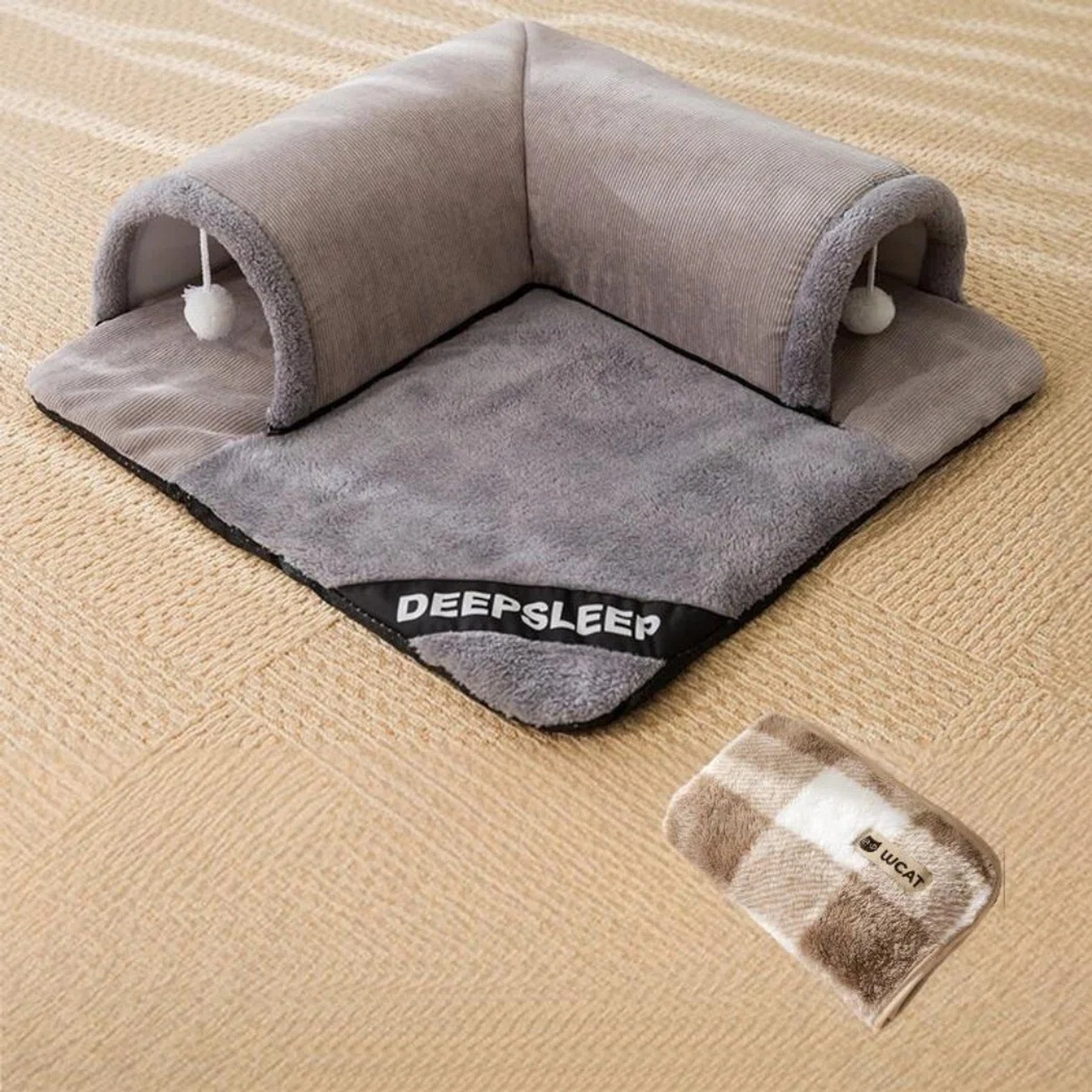 NonoPets 3-in-1 Durable Polyester Cooling Bed Cat, Rabbit & Hamster Tunnel & Play Mat with Blanket, Grey, Large