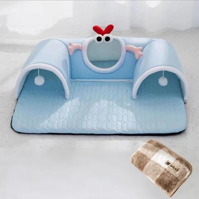 Show full view: NonoPets 3-in-1 Durable Polyester Cooling Bed Cat, Rabbit & Hamster Tunnel & Play Mat with Blanket, Blue, Medium slide 2 of 5