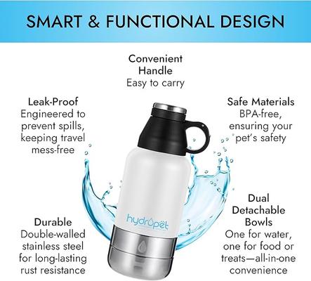 Show full view: Pet Vet Products HydroPet Stainless Steel Dog Water Bottle with Dual Dog Bowls, 32-fl oz slide 3 of 7