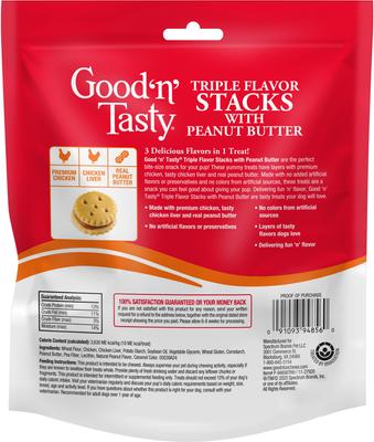 Show full view: Good 'n' Tasty Triple Flavor Stacks with Peanut Butter, Chicken & Chicken Liver Bite Sized Crunchy Dog Treats, 9-oz bag slide 3 of 12