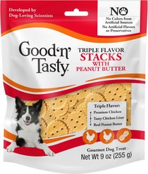 Good 'n' Tasty Triple Flavor Stacks with Peanut Butter, Chicken & Chicken Liver Bite Sized Crunchy Dog Treats, 9-oz bag