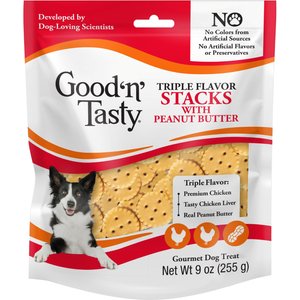 Good 'n' Tasty Triple Flavor Stacks with Peanut Butter, Chicken & Chicken Liver Bite Sized Crunchy Dog Treats, 9-oz bag