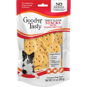 Good 'n' Tasty Triple Flavor Stacks with Peanut Butter, Chicken & Chicken Liver Bite Sized Crunchy Dog Treats, 3.5-oz bag