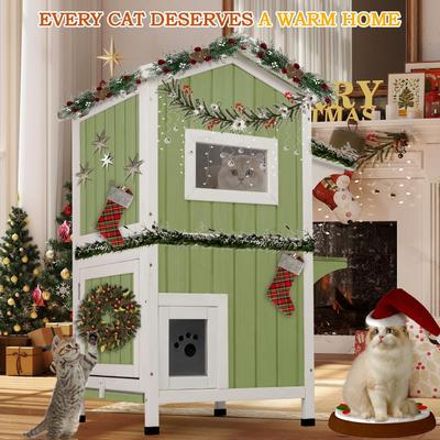 Show full view: Petscosset Insulated Outdoor Wooden Two-Story Cat House, Green slide 9 of 12