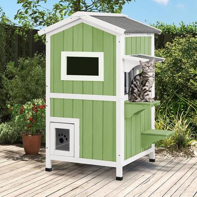 Show full view: Petscosset Insulated Outdoor Wooden Two-Story Cat House, Green slide 10 of 12