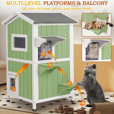Show full view: Petscosset Insulated Outdoor Wooden Two-Story Cat House, Green slide 8 of 12