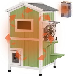 Petscosset Insulated Outdoor Wooden Two-Story Cat House, Green