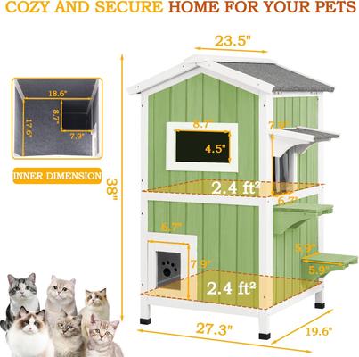 Show full view: Petscosset Insulated Outdoor Wooden Two-Story Cat House, Green slide 3 of 12