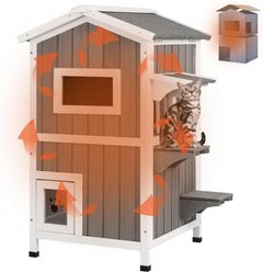Petscosset Insulated Outdoor Wooden Two-Story Cat House, Gray