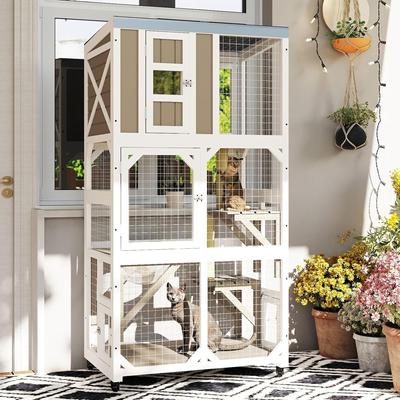 Show full view: Petscosset Wooden Catio Outdoor Cat Enclosure with Wheels, Gray, 64-in slide 6 of 9