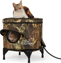 Clawsable Elevated Barrel Polyester Cat House with Heating Pad, Leaf Patter, Medium