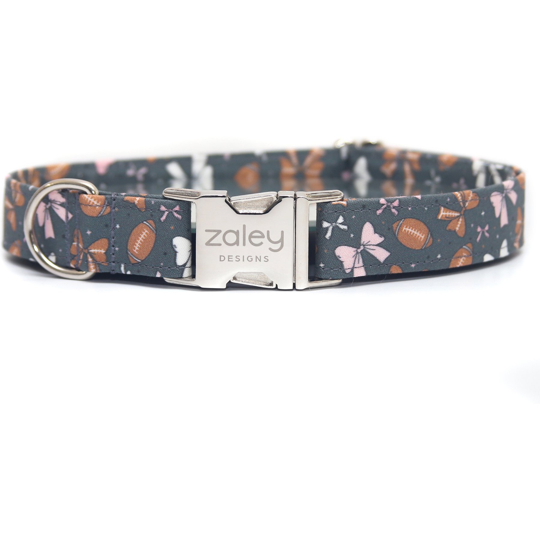 Zaley Designs Football Bows Cotton Dog Collar, Gray, X-Small: 8 to 12-in neck, 5/8-in wide