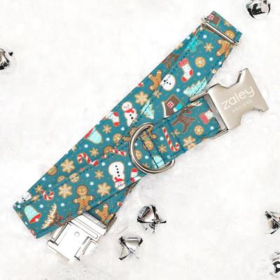 Show full view: Zaley Designs Gingerbread Cotton Dog Collar, Teal, Medium: 13 to 20-in neck, 1-in wide slide 4 of 5