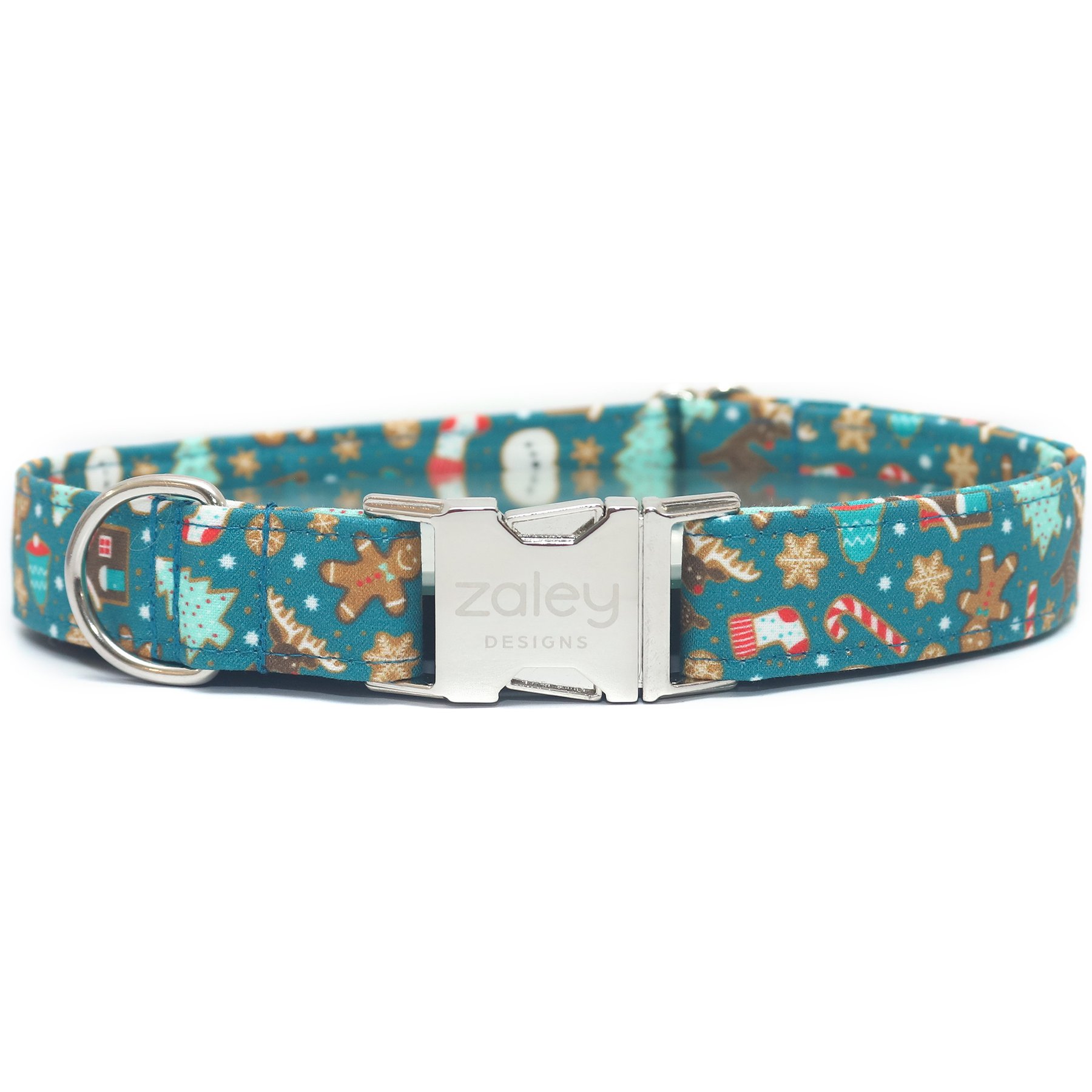 Zaley Designs Gingerbread Cotton Dog Collar, Teal, Medium: 13 to 20-in neck, 1-in wide