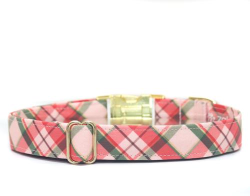 Show full view: Zaley Designs Christmas Plaid Cotton Dog Collar, Pink, X-Small: 8 to 12-in neck, 5/8-in wide slide 2 of 3