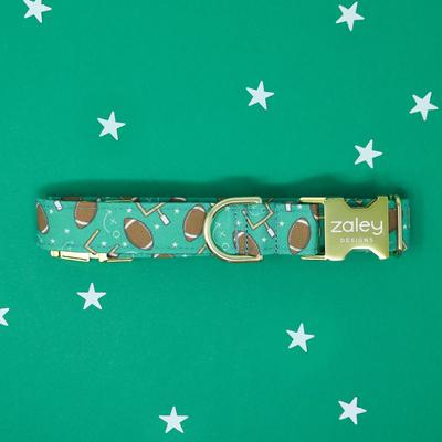 Show full view: Zaley Designs Football Cotton Dog Collar, Green, Medium: 13 to 20-in neck, 1-in wide slide 3 of 4