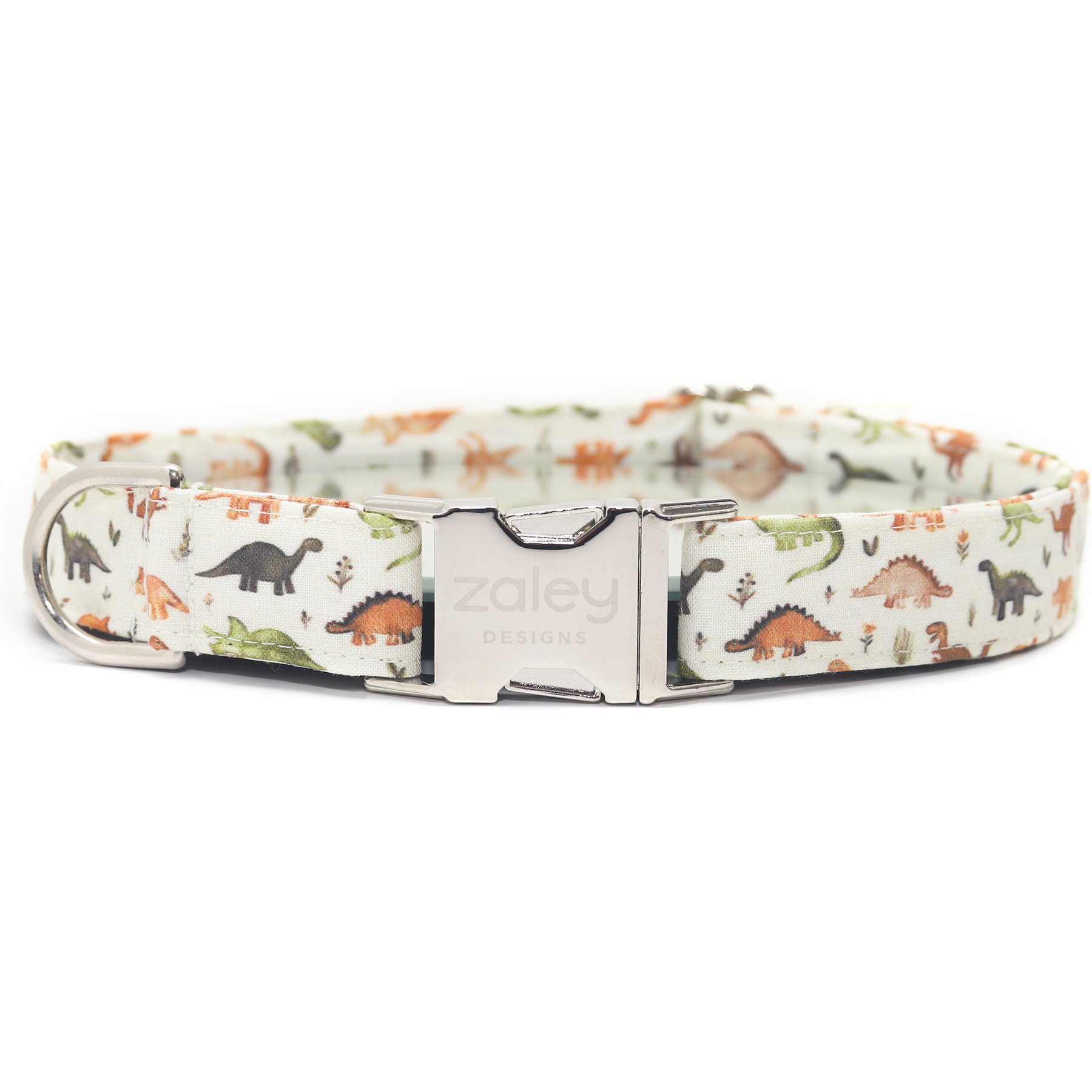 Zaley Designs Dinosaurs Cotton Dog Collar, Tan, Small: 10 to 14-in neck, 3/4-in wide
