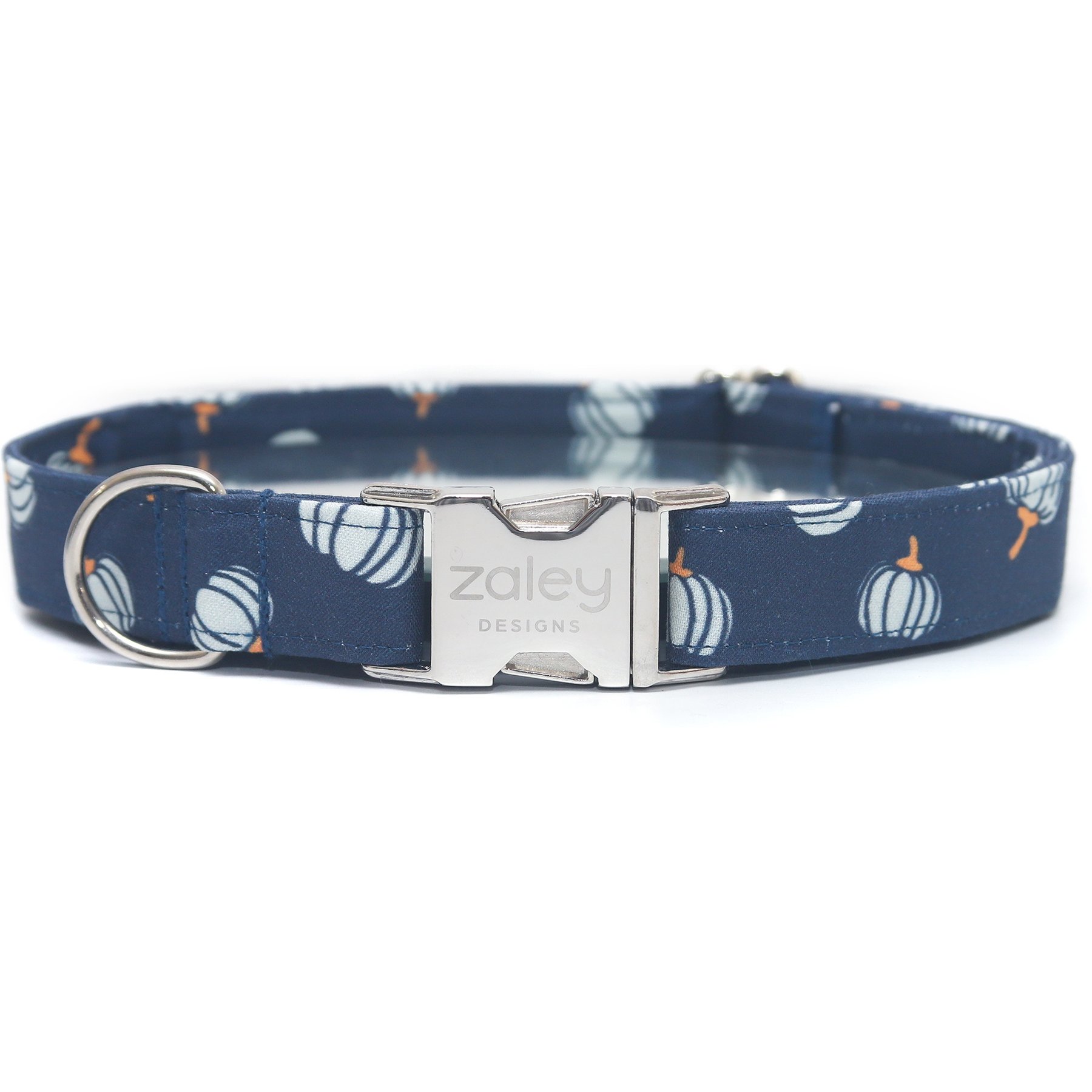 Zaley Designs Pumpkins Cotton Dog Collar, Navy Blue, X-Small: 8 to 12-in neck, 5/8-in wide
