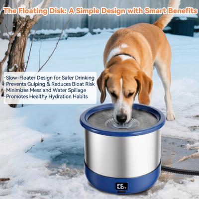 Show full view: UPSKY Outdoor Heated Non-Skid Stainless Steel Slow Feeder Dog & Cat Water Bowl with Digital Display & Adjustable Temperature, Blue, Large: 3.5-L slide 10 of 11
