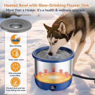 Show full view: UPSKY Outdoor Heated Non-Skid Stainless Steel Slow Feeder Dog & Cat Water Bowl with Digital Display & Adjustable Temperature, Blue, Large: 3.5-L slide 7 of 11