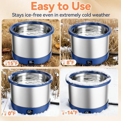 Show full view: UPSKY Outdoor Heated Non-Skid Stainless Steel Slow Feeder Dog & Cat Water Bowl with Digital Display & Adjustable Temperature, Blue, Large: 3.5-L slide 6 of 11