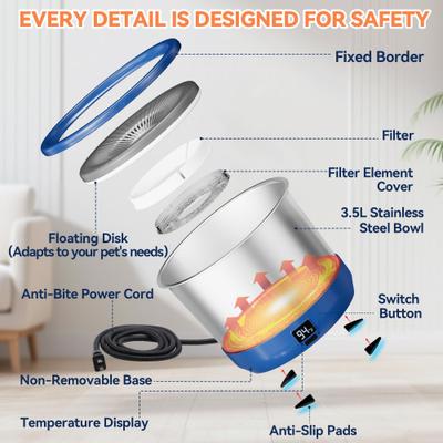 Show full view: UPSKY Outdoor Heated Non-Skid Stainless Steel Slow Feeder Dog & Cat Water Bowl with Digital Display & Adjustable Temperature, Blue, Large: 3.5-L slide 8 of 11