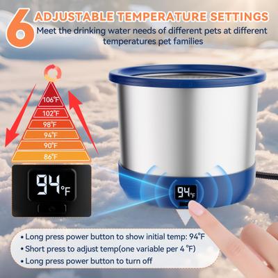 Show full view: UPSKY Outdoor Heated Non-Skid Stainless Steel Slow Feeder Dog & Cat Water Bowl with Digital Display & Adjustable Temperature, Blue, Large: 3.5-L slide 3 of 11