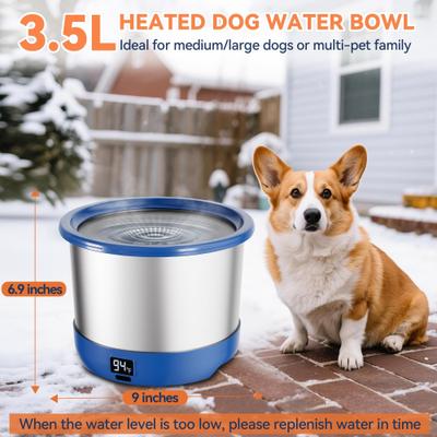 Show full view: UPSKY Outdoor Heated Non-Skid Stainless Steel Slow Feeder Dog & Cat Water Bowl with Digital Display & Adjustable Temperature, Blue, Large: 3.5-L slide 4 of 11