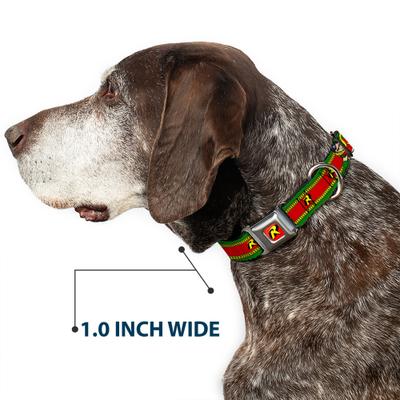 Show full view: Buckle-Down DC Comics Robin Action Pose Logo Stripe Dog Collar, Large: 15 to 24-in neck, 1-in wide slide 6 of 8