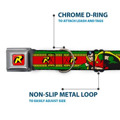 Show full view: Buckle-Down DC Comics Robin Action Pose Logo Stripe Dog Collar, Large: 15 to 24-in neck, 1-in wide slide 5 of 8