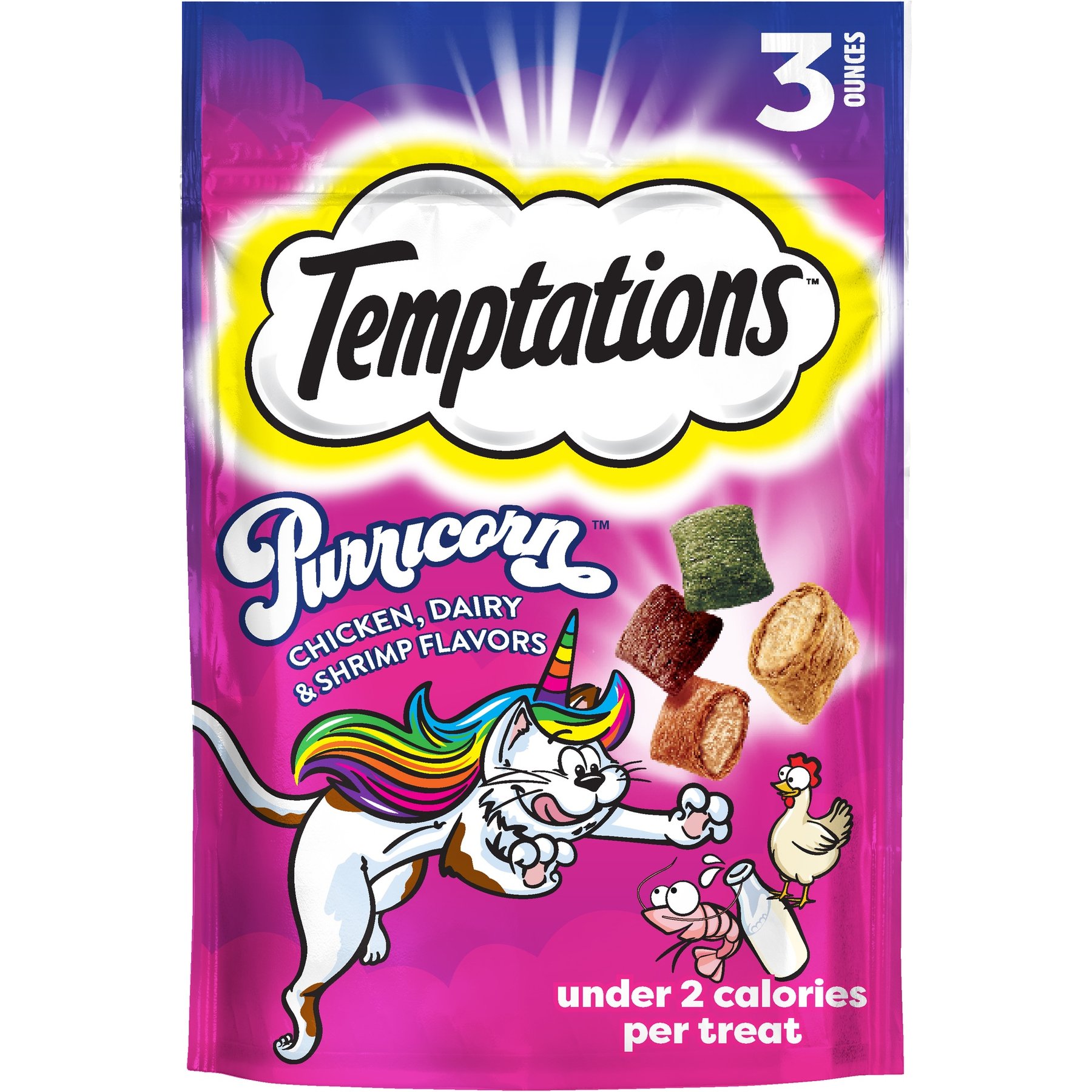 Temptations MixUps Purricorn Chicken Dairy & Shrimp Flavors Crunchy & Soft Cat Treats, 3-oz bag