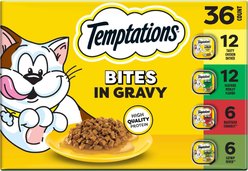 Temptations Chicken, Seafood, Backyard Cookout & Catnip Variety Pack Bites in Gravy Adult Wet Cat Food, 3.5-oz tray, case of 36
