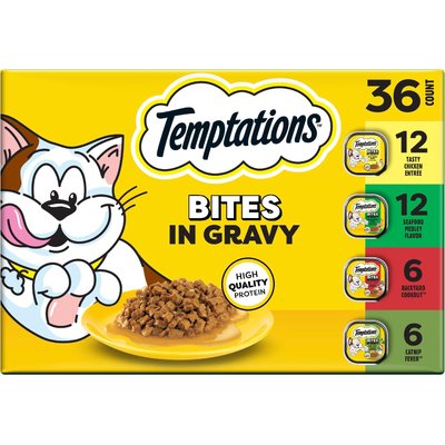 Temptations Temptations Chicken, Seafood, Backyard Cookout & Catnip Variety Pack Bites in Gravy Adult Wet Cat Food, 3.5-oz tray, case of 36